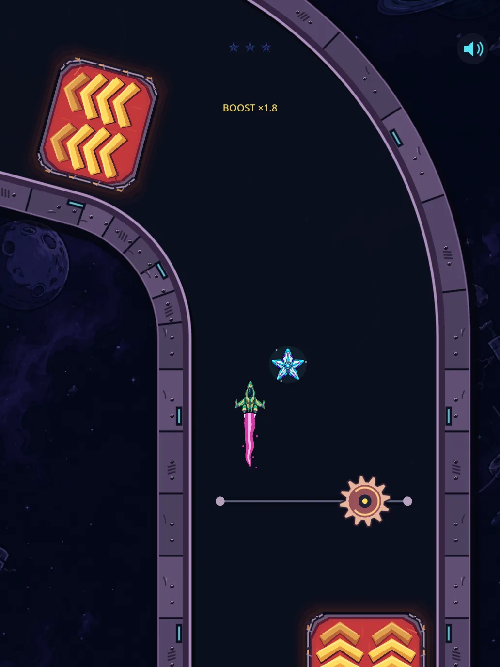 Gameplay: the ship boosts past a moving saw toward a star, with red speed strips on the track