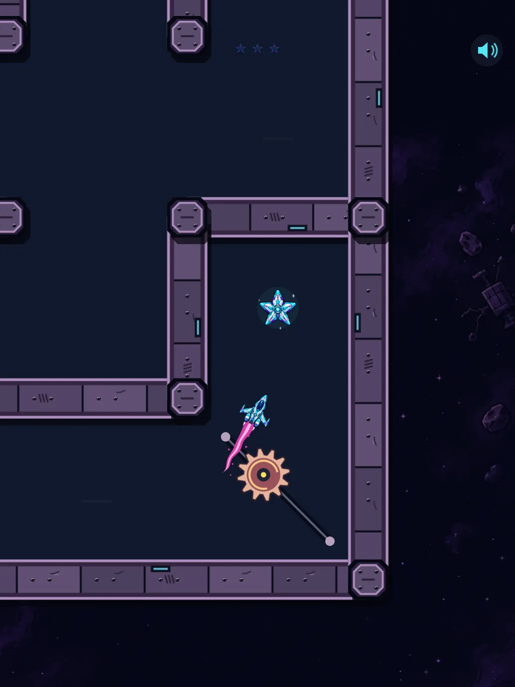 Gameplay: the ship slips past a saw inside a walled maze, with a star waiting around the corner