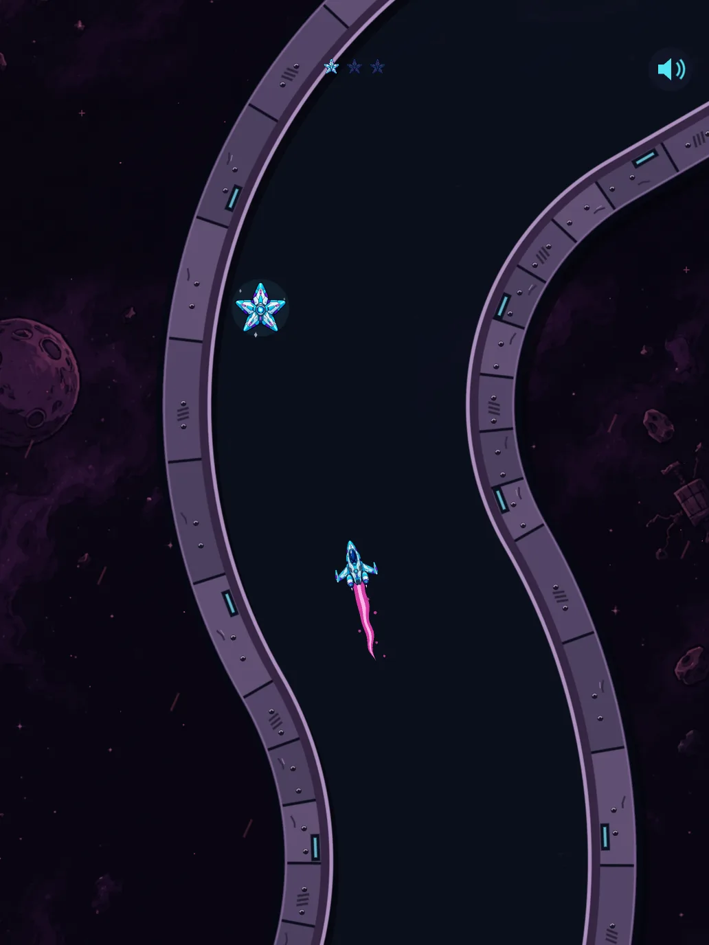 Gameplay: the cyan ship steers through a winding violet corridor toward a star
